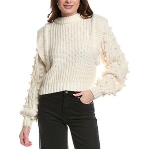 FARM Rio Braided Pom Pom Sweater,‎ Mock Neck, White Chunky Knit, Womens Large